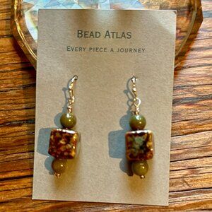 Handmade Bead Earrings | Ceramic Cube & Natural Stone